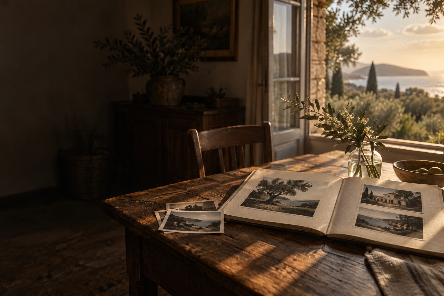 Illustrative artwork of family photographs and an album on a sunlit table
